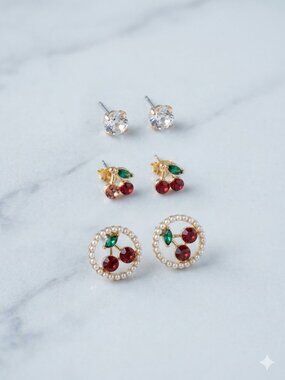 Set of 3 Cherry & Crystal Costume Earrings